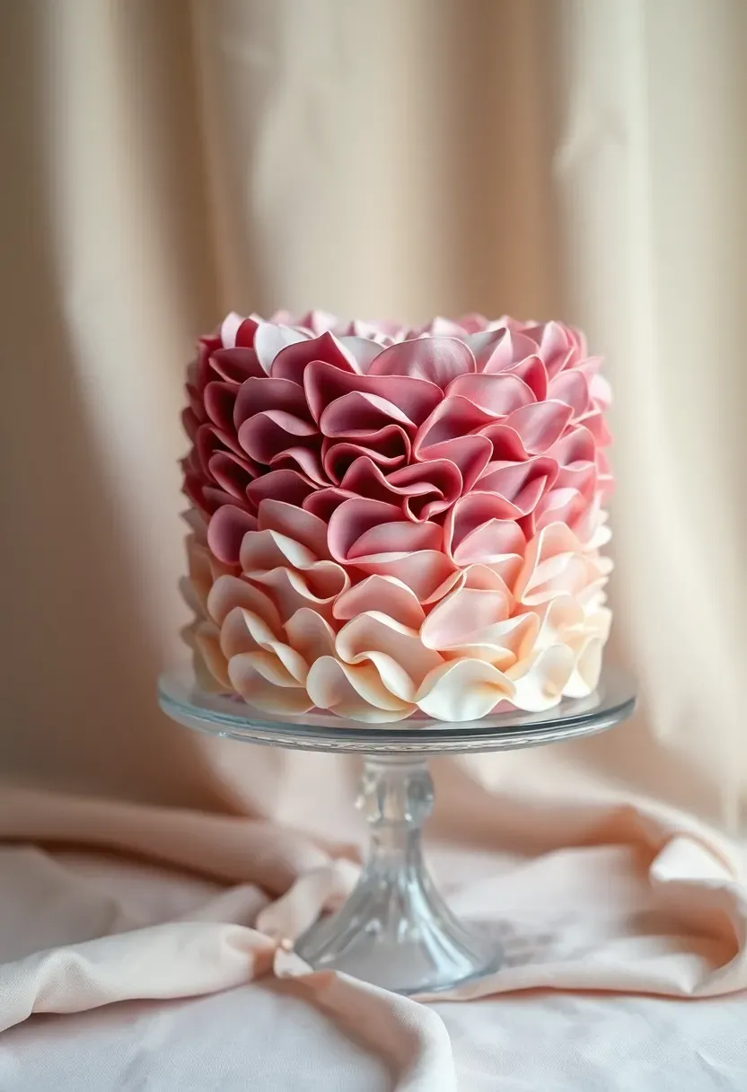 elegant ombre ruffled buttercream baby shower cake graduating from deep mauve at the base to pale pink at the top on a crystal stand