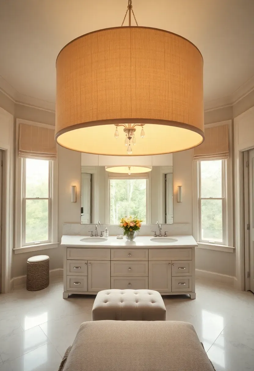 Large fabric drum shade chandelier with cream linen shade and crystal drops in a spacious primary bathroom