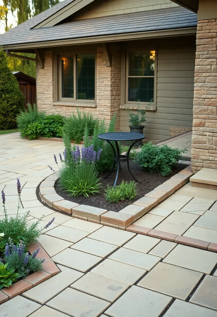 L-shaped stone patio wrapping around the corner of a house with a narrow garden bed along the inside edge filled with herbs and lavender