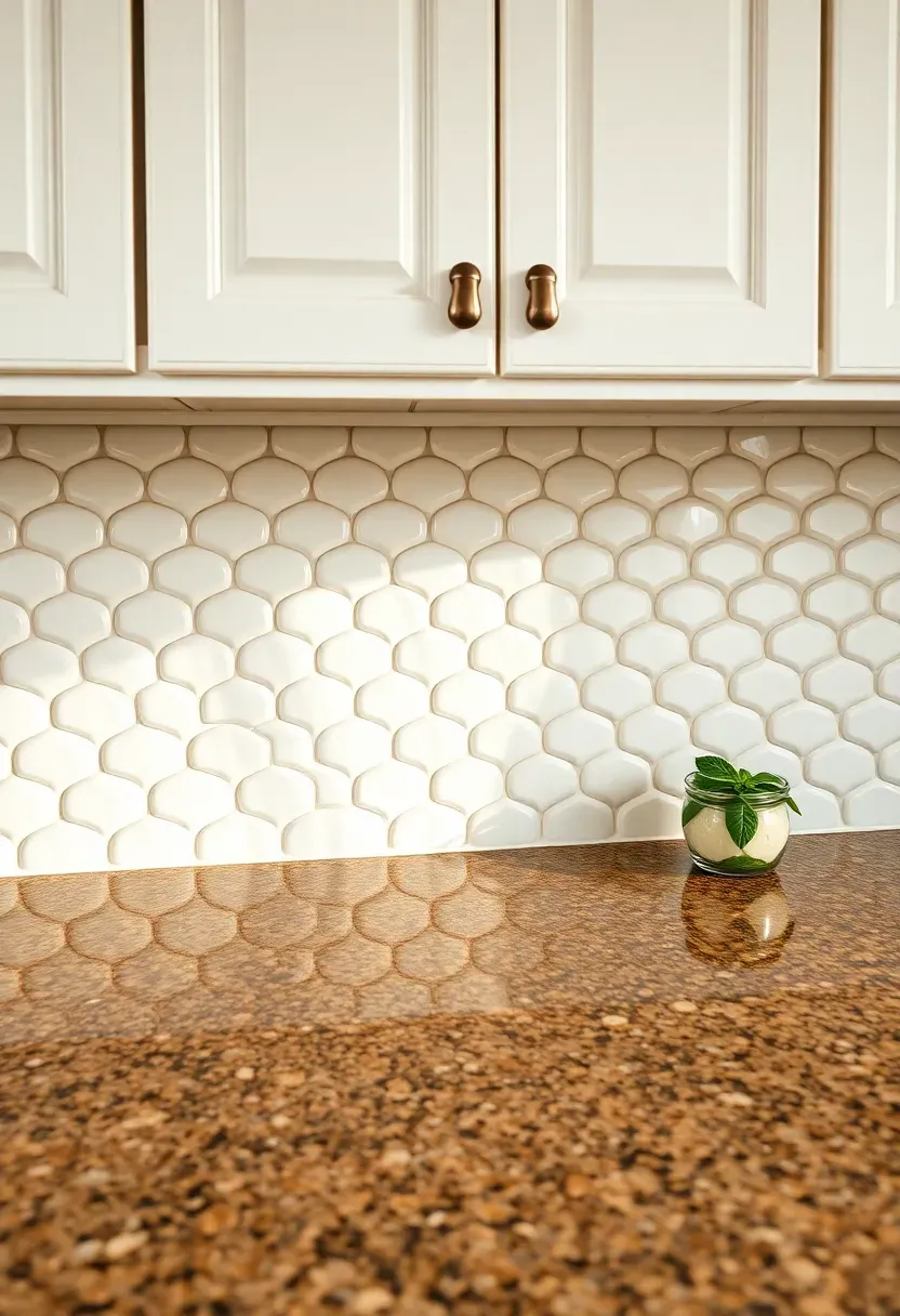 ivory arabesque tile backsplash with scalloped edges above fantasy brown granite countertops and white upper cabinets