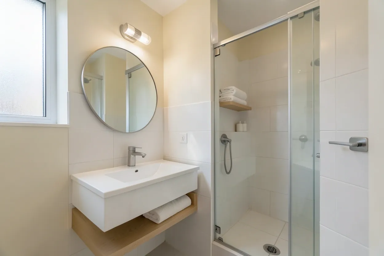 Small simple modern bathroom with floating white vanity, round LED mirror, and penny round floor tiles in a compact rental space