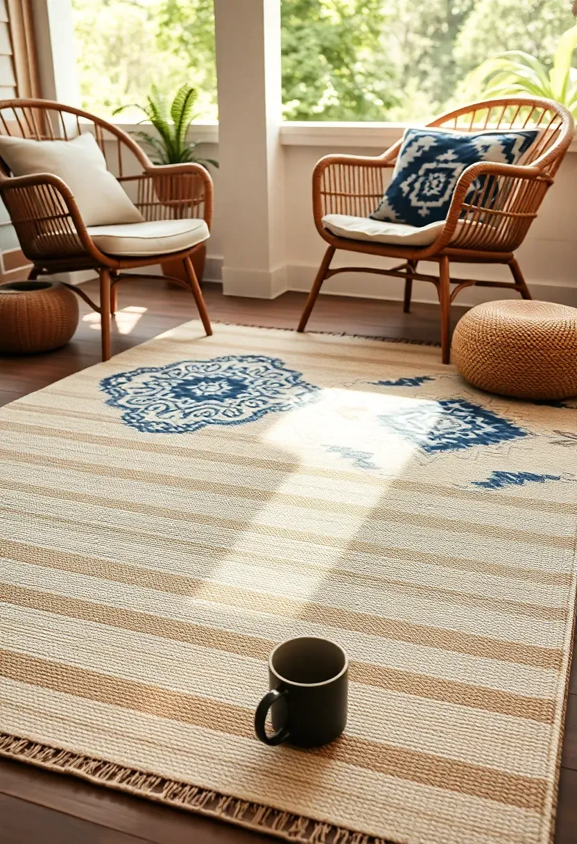 Layered outdoor rugs in complementary patterns on a sun room porch floor with casual rattan seating