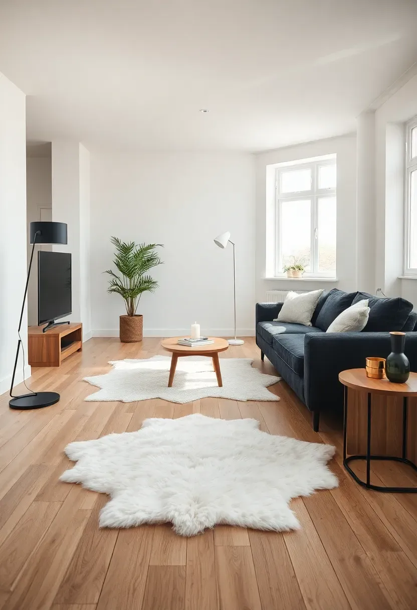 Hyper-realistic 3/4 view of Scandinavian living room with dark grey couch, white walls, blonde oak plank flooring, black geometric floor lamp, white sheepskin rug, minimal wood side table. Materials: charcoal fabric, white sheepskin wool, blonde oak wood, matte black metal. Bright natural daylight from large window, soft shadows, clean minimalist lines. Nordic mood like Stockholm apartment. Shallow depth of field, visible wood grain and lamp geometric detail. No text, no logos, no watermarks.</p>