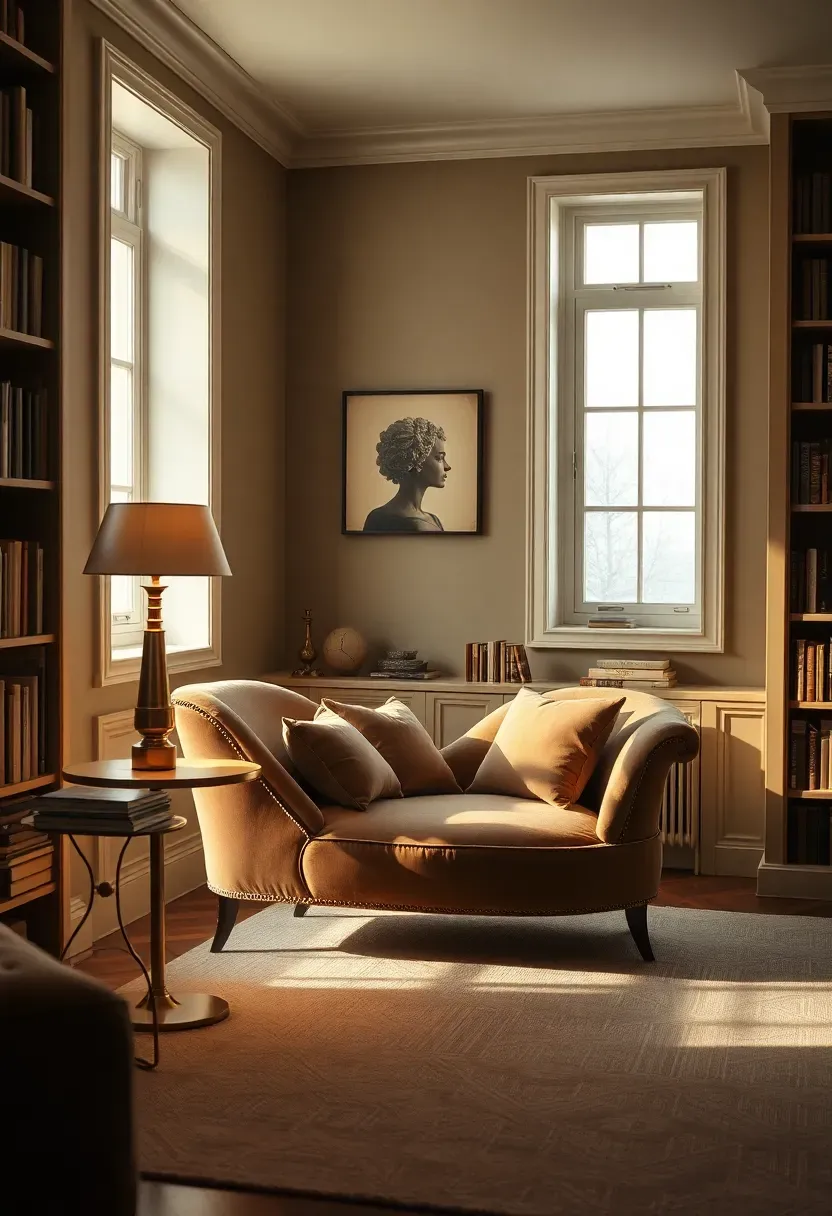 Hyper-realistic 3/4 view of elegant chaise lounge with pillows, floor lamp, side table, bookshelves lining walls, windows with soft light. Materials: velvet upholstery, brass lamp, wood shelves, matte books, light rug. Warm diffused light from windows and lamp, soft shadows creating cozy atmosphere. Shallow depth of field focusing on chaise, sharp details, serene mood, visible room with built-in shelving. No text, no logos, no watermarks.</p>