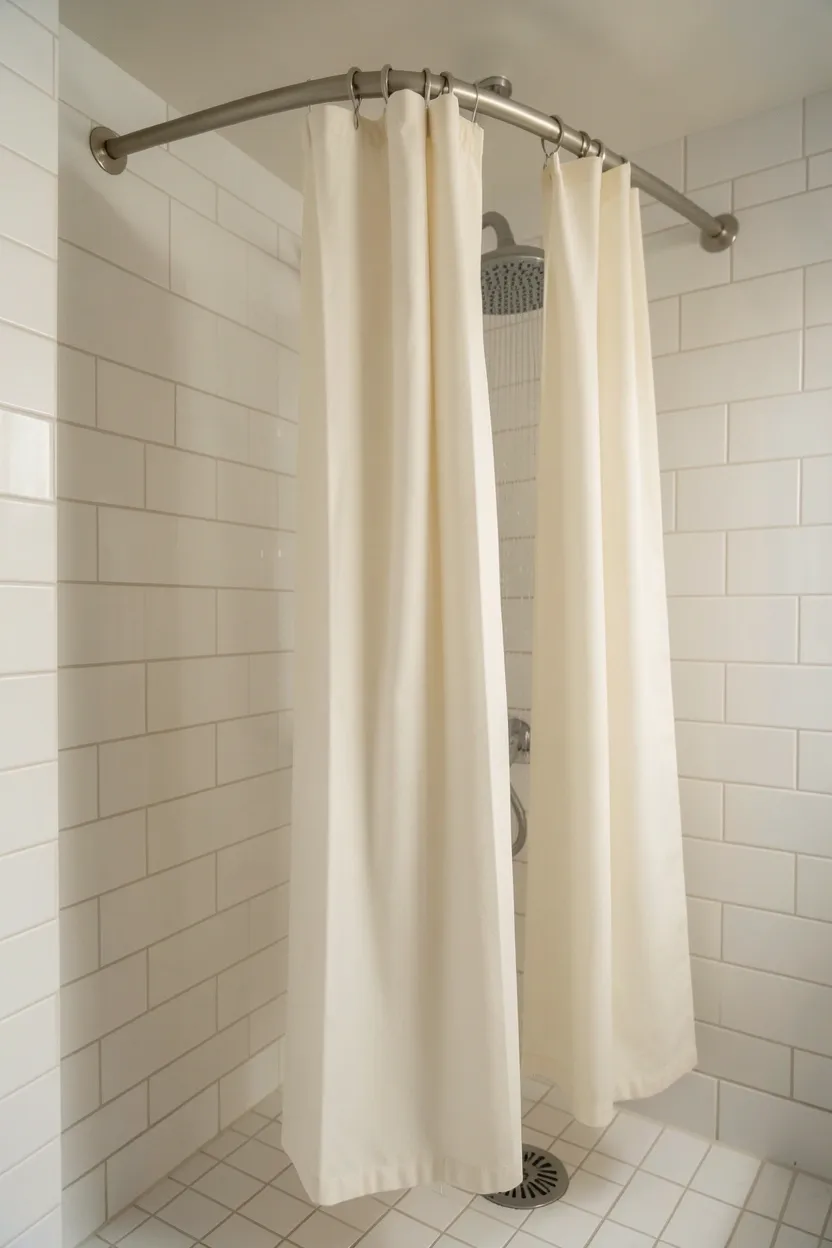 Linen shower curtain hung from ceiling creating the illusion of height in a small apartment bathroom