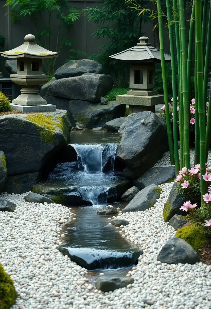 Japanese-style garden waterfall with smooth basalt spillway feeding a raked gravel and pebble stream bed flanked by bamboo and stone lantern
