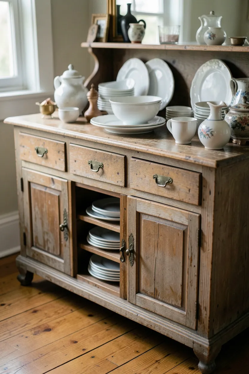 Antique painted hutch used as kitchen storage displaying vintage white dishes and glassware in a rustic farmhouse kitchen