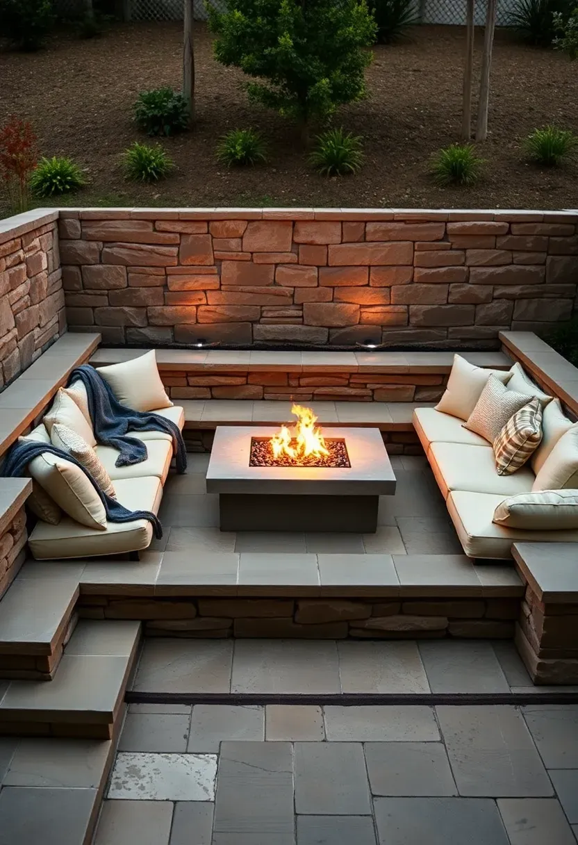 Sunken poolside lounge area with built-in stone seating, cushions, a fire pit table, and steps leading down from the pool deck level