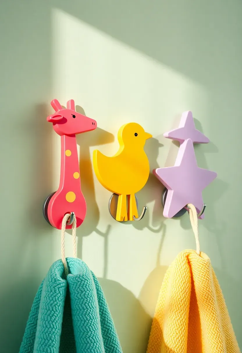 Animal-shaped colorful towel hooks on a white wall holding bright bath towels in a rental bathroom