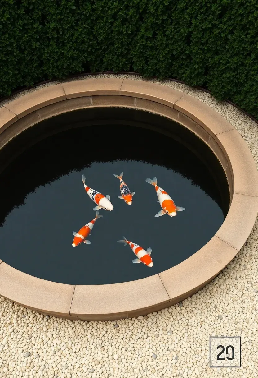 Circular koi pond with neatly fitted stone coping around the rim and koi swimming in a gentle current