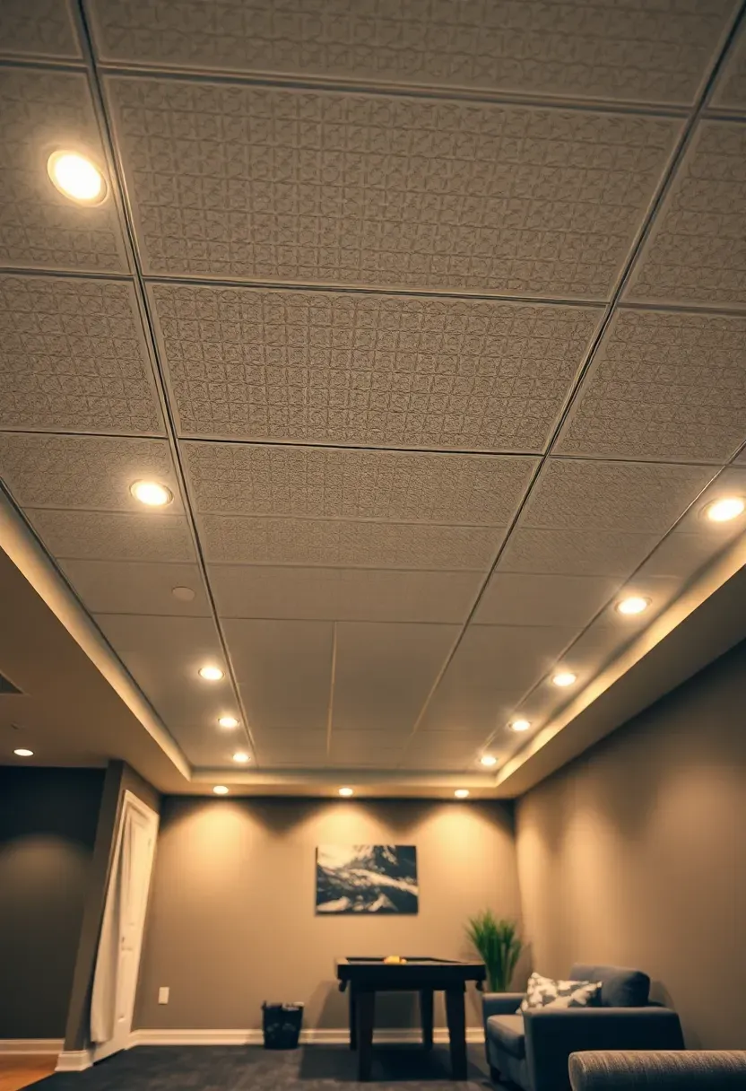 Basement drop ceiling with recessed LED panels casting even warm light across a furnished rec room