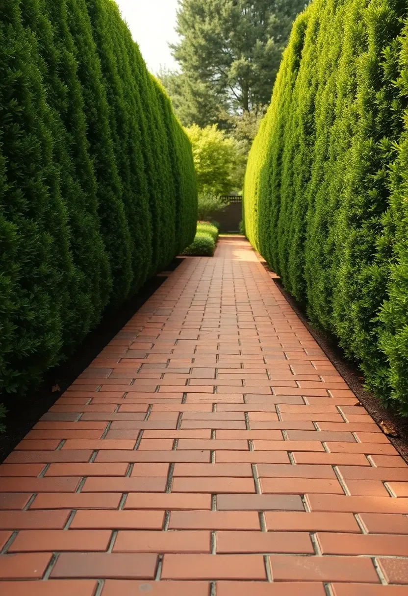 A herringbone-patterned brick paver walkway through a backyard garden with mature shrubs on both sides