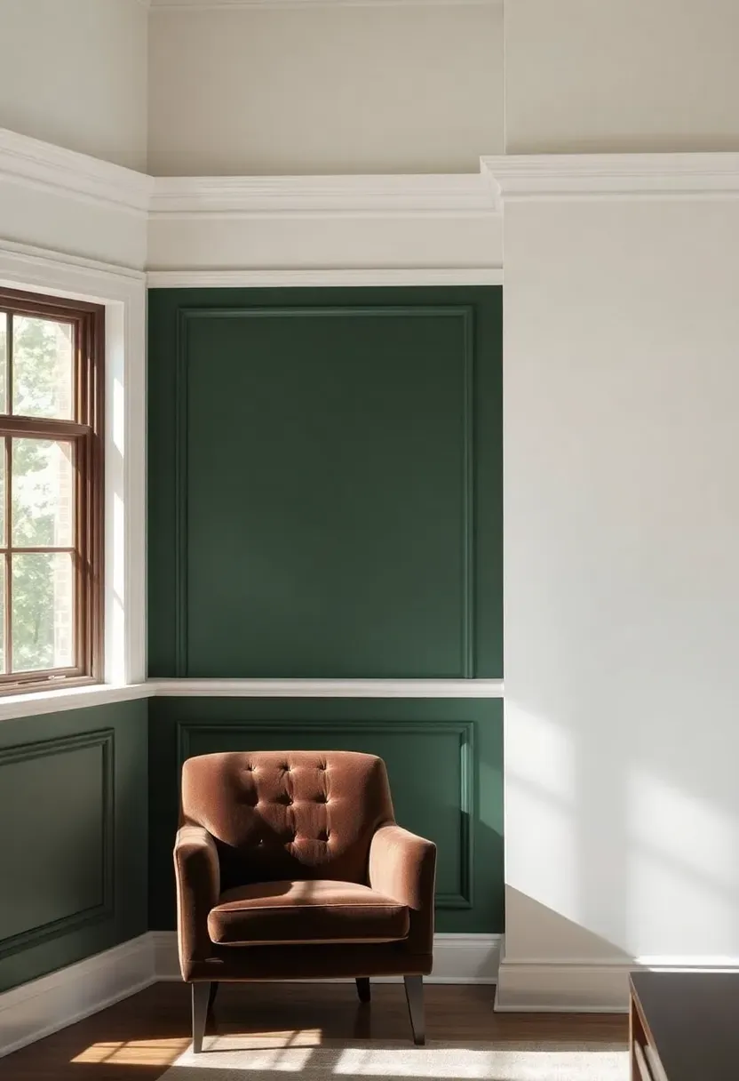 Hyper-realistic straight-on view of living room wall featuring picture frame paneling below chair rail painted in deep hunter green, upper walls in crisp white, with velvet armchair and walnut side table. Materials: recessed rectangular paneling frames creating shadow lines, hunter green paint below white chair rail, white walls above, dark walnut table, velvet upholstery. Natural light from adjacent window creating subtle shadows defining paneling depth, visible room context showing corner where paneling treatment meets adjacent wall. Sharp architectural detail, no text or logos.</p>