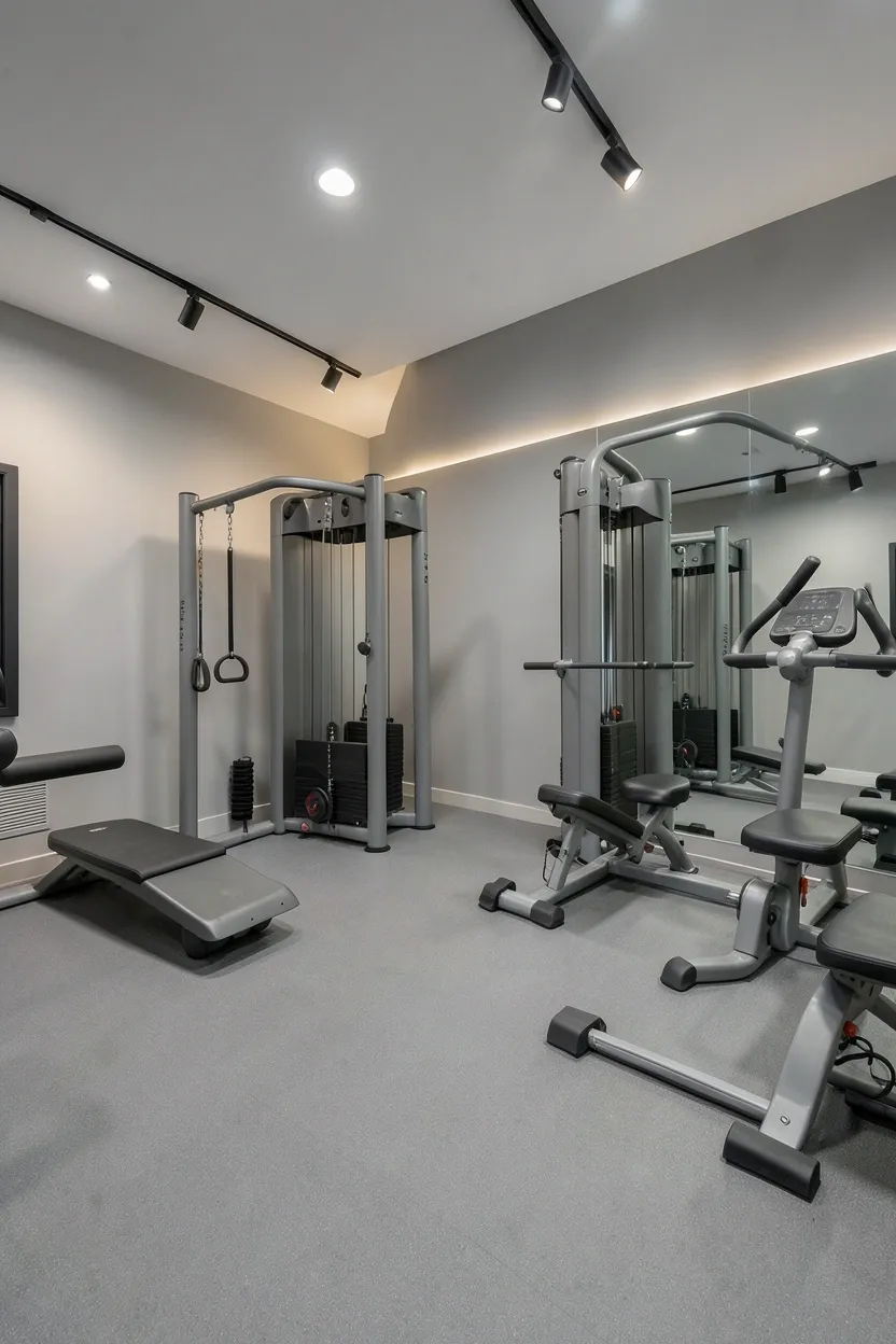Monochromatic gray home gym with dove gray walls, charcoal rubber flooring, and brushed nickel accents — modern minimalist fitness zone