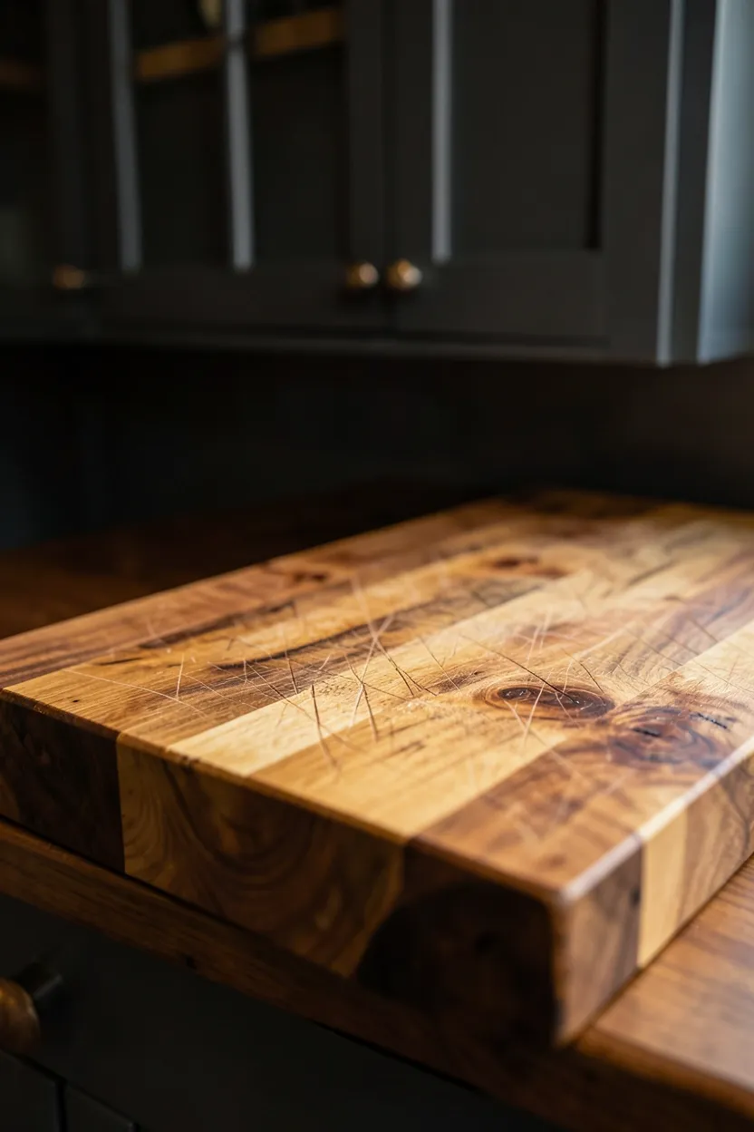 Butcher Block Counters Against Dark Cabinets