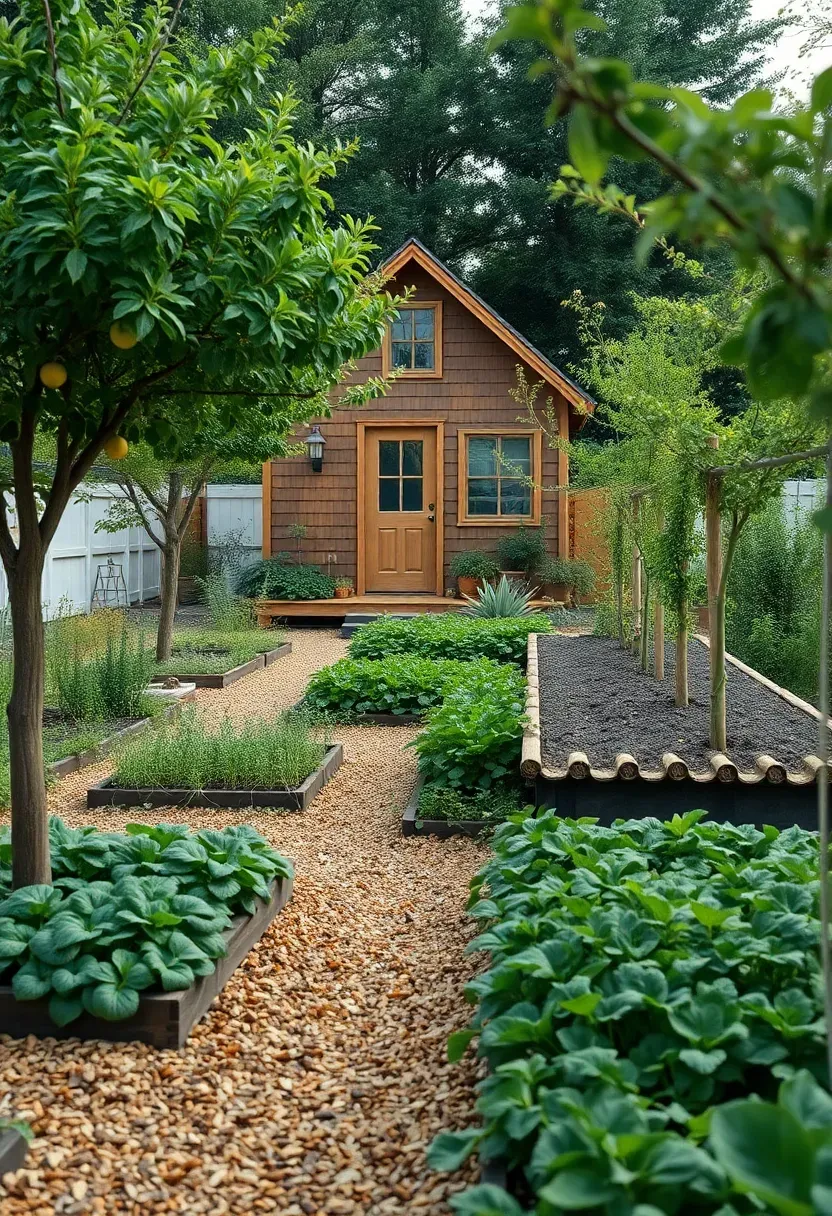 Hyper-realistic 3/4 view of a tiny house surrounded by permaculture garden featuring fruit trees, vegetable beds, swales, and diverse plantings. Materials: wood chip paths, thriving garden beds, young fruit trees, healthy vegetables. Rich biodiversity, productive landscape. Sustainable food production, ecological design. Shallow depth of field, layered plantings visible. No text, no logos.</p>