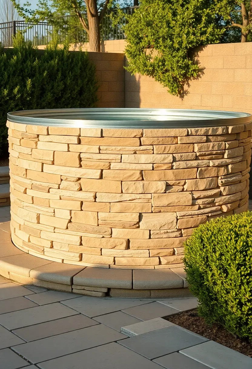 Stock tank pool with exterior wrapped in natural stacked stone veneer, looking like a custom stone plunge pool on a flagstone patio