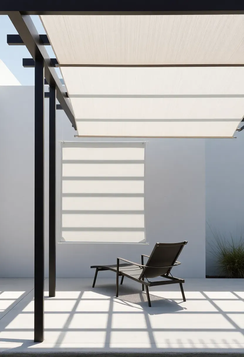 minimalist steel pergola with white linen panels in a modern backyard