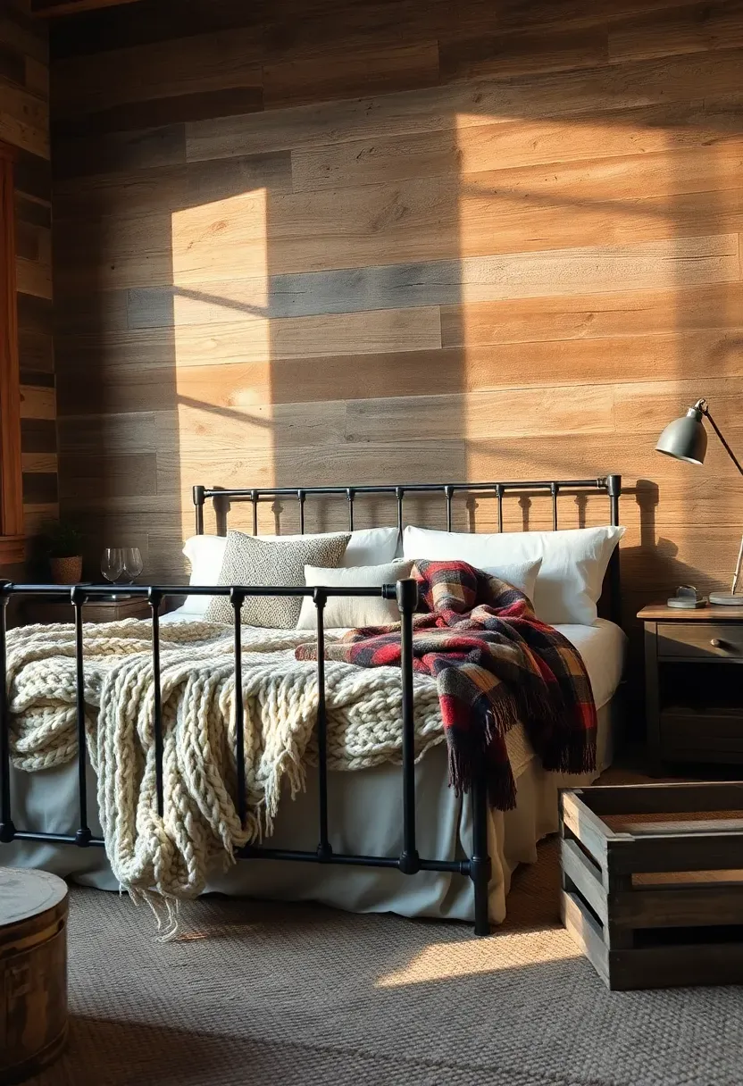 rustic bedroom with a reclaimed barn wood plank accent wall in mixed brown and gray tones behind a wrought iron bed with knit blankets