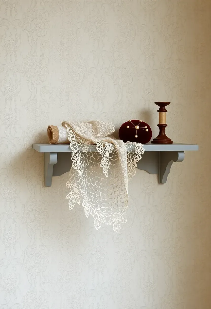 Antique lace and textile display shelf on embossed cream wallpaper — pale grey shelf with Venetian lace draped over the edge, a velvet pincushion with pearl pins, and an ivory tatting shuttle beside silk thread