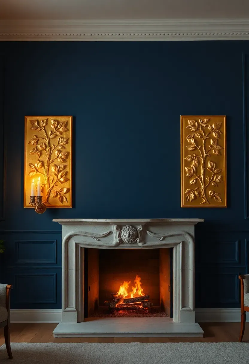 Gilded relief wall panels in Art Nouveau style with climbing vine motifs in a living room