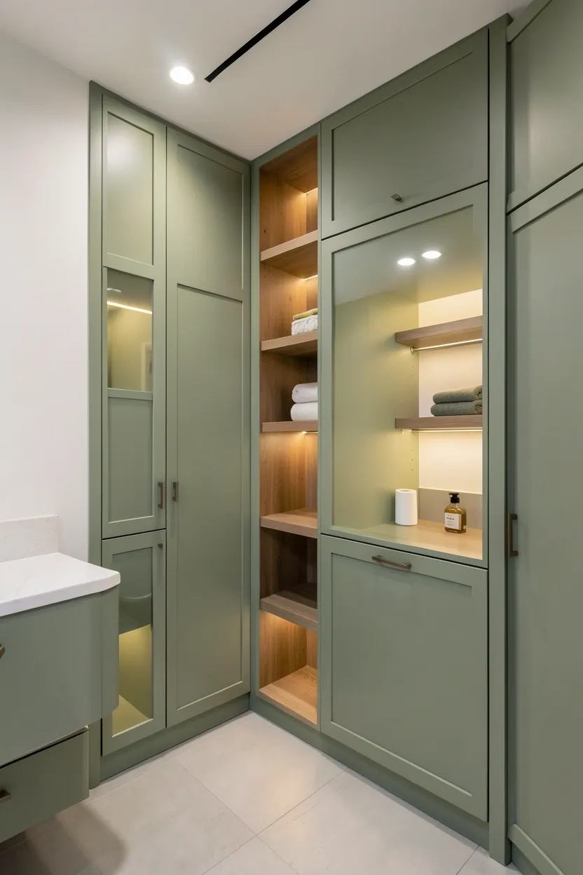 Sage green bathroom with built-in linen cabinets flanking the vanity and recessed tile niches for toiletry storage