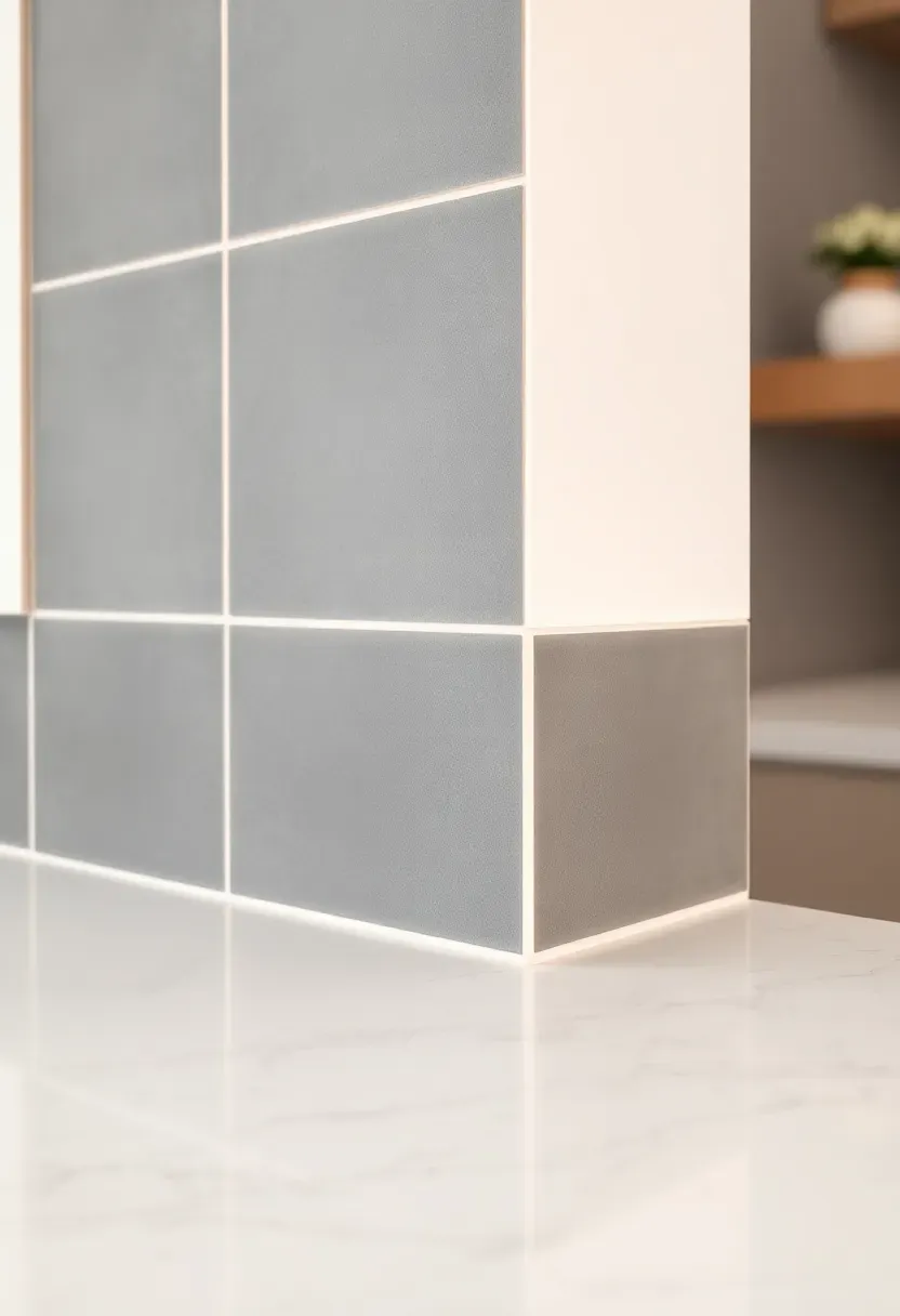 mitered outside corner on porcelain tile backsplash showing precise 45-degree cut with no visible trim piece in modern kitchen