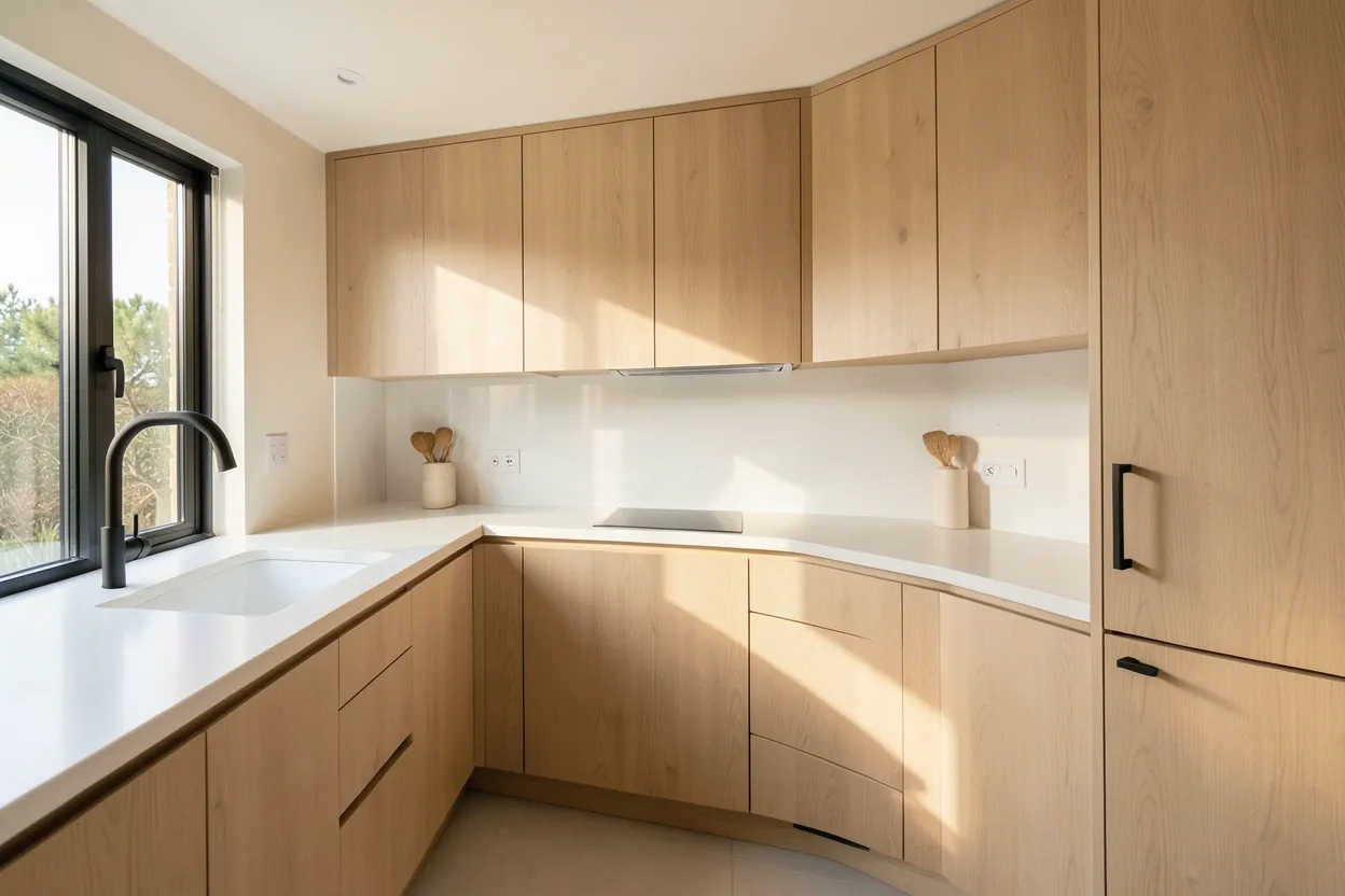 Japandi kitchen with light oak cabinets, matte black hardware, and a clean stone countertop