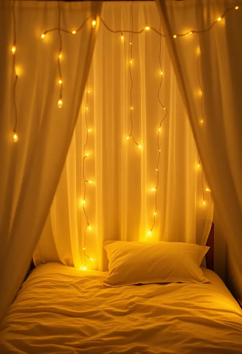 warm fairy light canopy draped over twin bed in a cozy dorm room at night