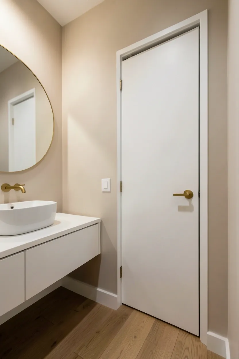 Sleek pocket door sliding into the wall of a compact bathroom to free up floor space