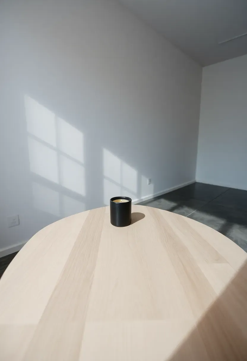 Nearly empty side table with just a single candle and wide open surface in a modern room