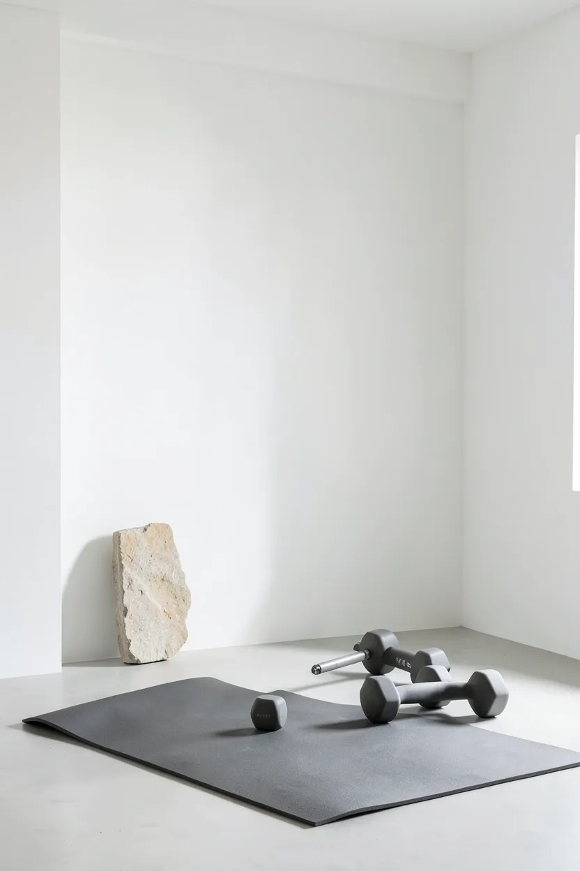 Zen-inspired minimal home gym with natural stone accent, small bamboo plant, and open floor mat — serene small workout room designed for yoga and bodyweight training