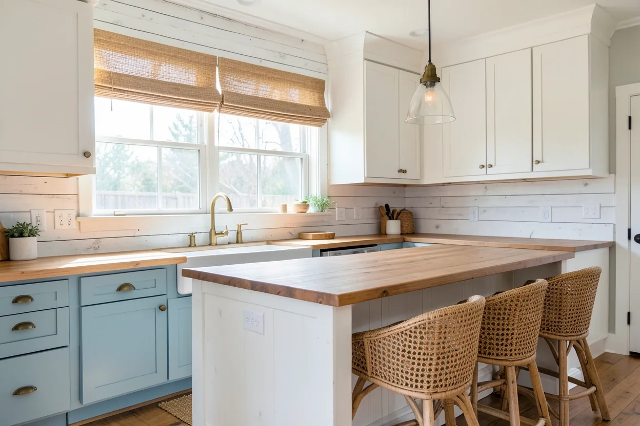 Coastal farmhouse kitchen with shiplap backsplash, natural wood countertops, and soft blue accents in a bright, airy cooking space