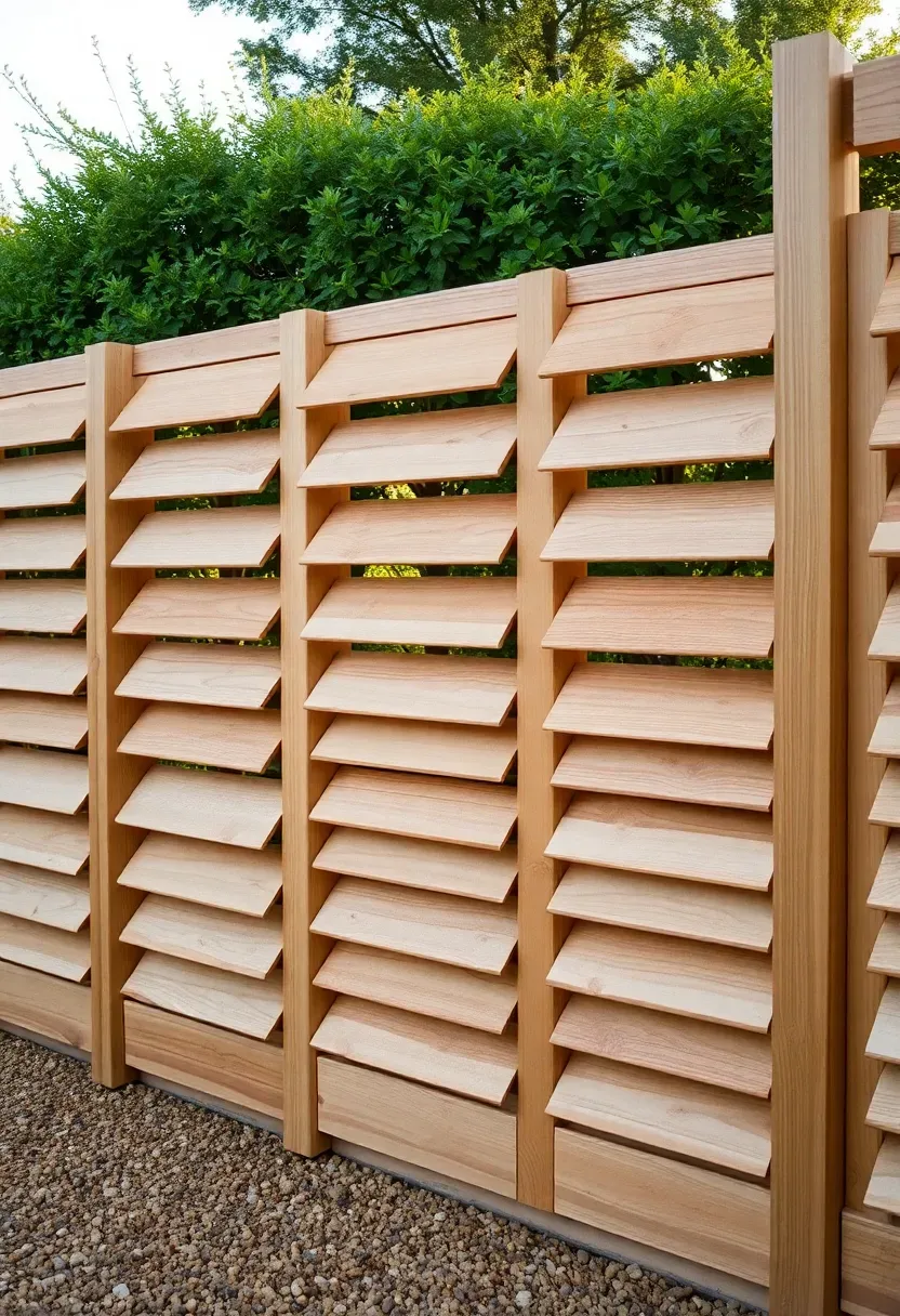 Louvered fence in natural wood with angled slats allowing airflow while blocking direct line of sight in a backyard
