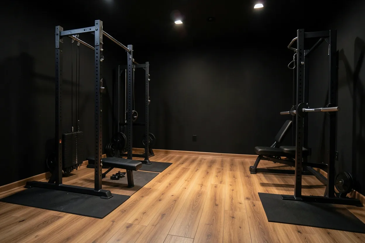 Dark home gym with matte black walls, warm oak flooring, and built-in wood storage — moody workout space with dramatic contrast