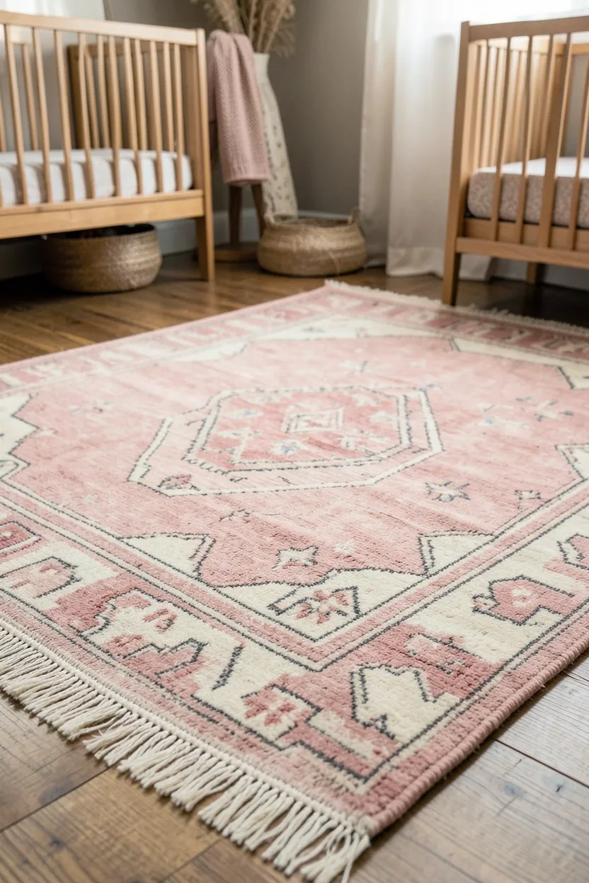 Vintage-style Persian pink and cream rug with fringe on nursery floor — boho baby room decor