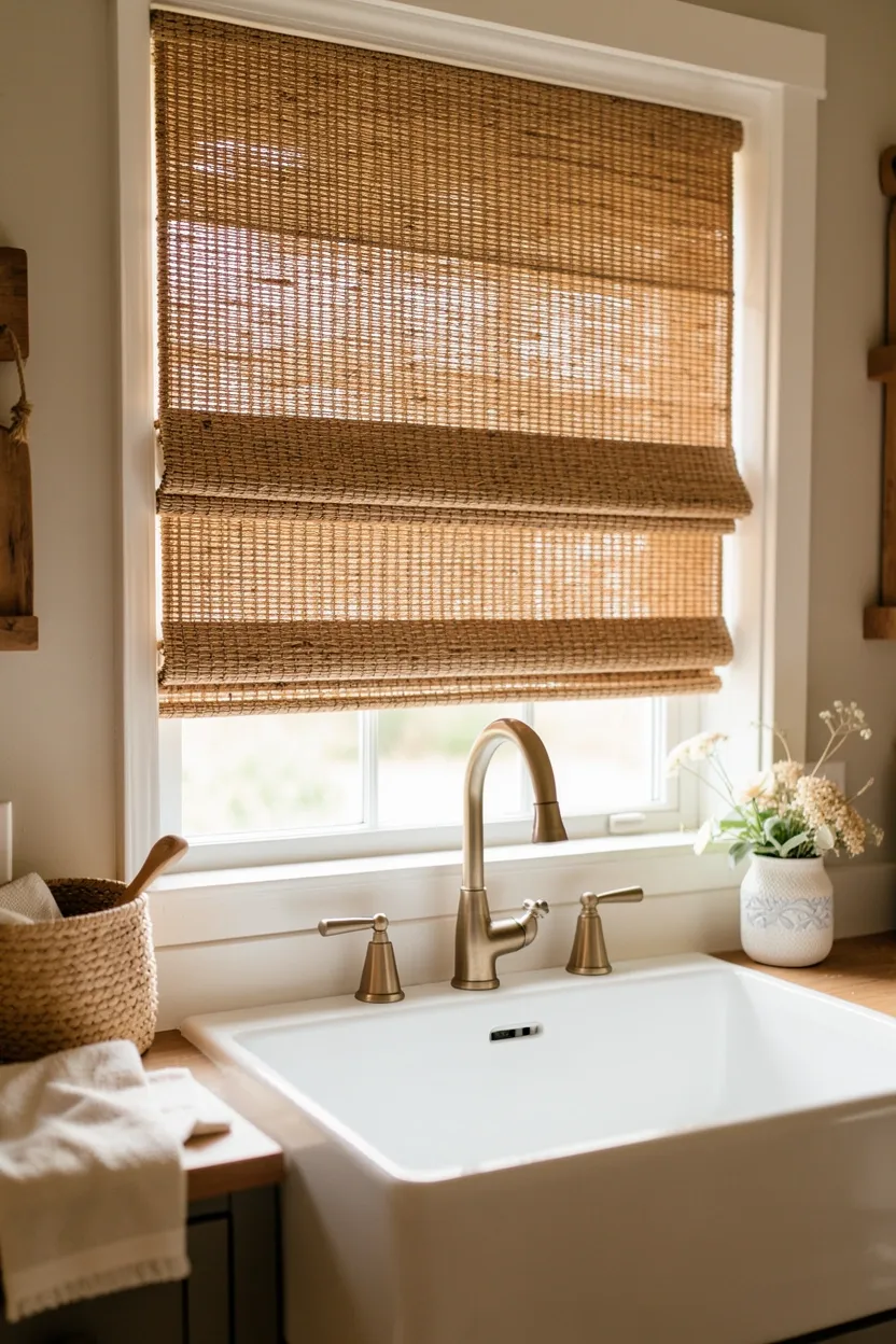 Natural Woven Roman Shades Over Sink Window