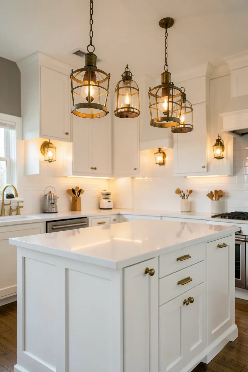 Weathered brass industrial cage pendant lights over a kitchen island with glass shades — nautical lighting fixtures in a bright coastal kitchen