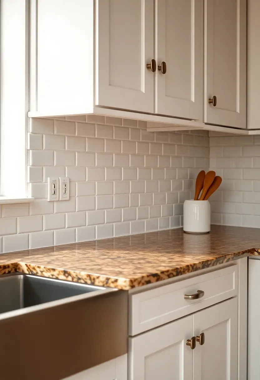 classic white subway tile backsplash with fantasy brown granite countertop and white shaker cabinets