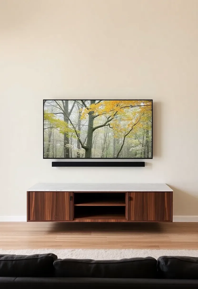 Hyper-realistic frontal view of floating media console. Materials: walnut cabinet with matte finish, white marble top, floating 12 inches off floor with no visible brackets, minimal integrated pulls, slim media screen above. Open floor space visible beneath console. Cream walls, charcoal sofa. Sleek architectural mounting creating refined tech integration.</p>