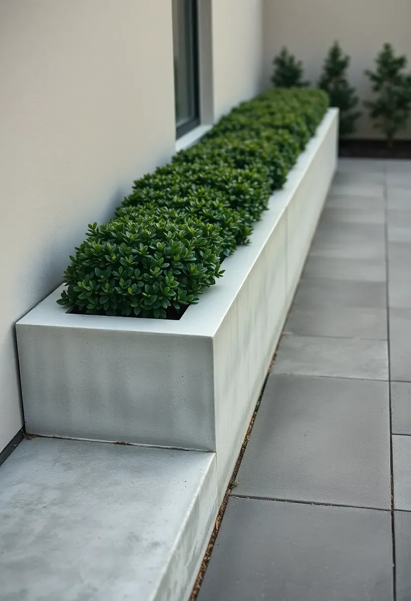 Long rectangular concrete trough planter at ground level filled with low boxwood hedging along a modern patio edge