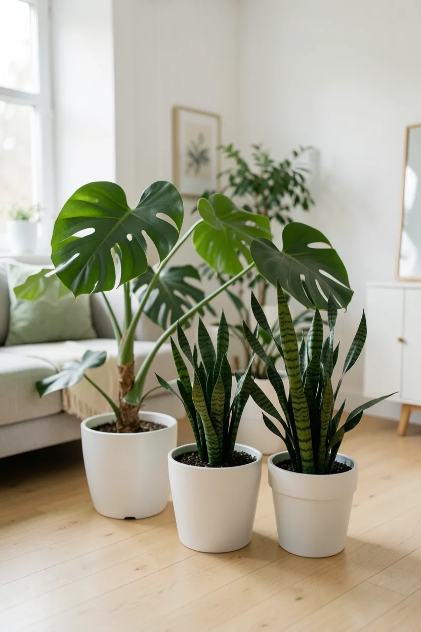 Fiddle leaf fig and trailing pothos in ceramic pots adding greenery to a bright Scandinavian apartment living room