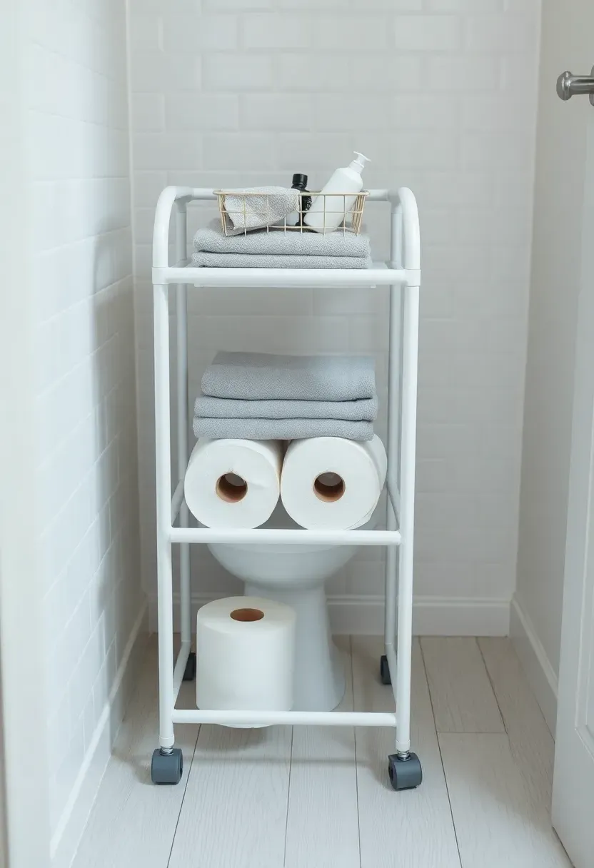Slim white three-tier rolling cart squeezed between a bathroom toilet and wall holding toilet paper rolls and small toiletries
