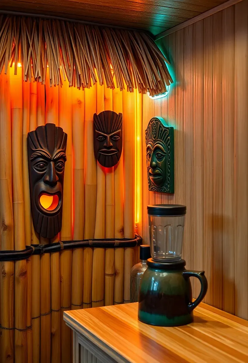 tiki themed basement bar corner with bamboo facade thatch roof accent tropical colored LED lights and carved tiki masks on wall