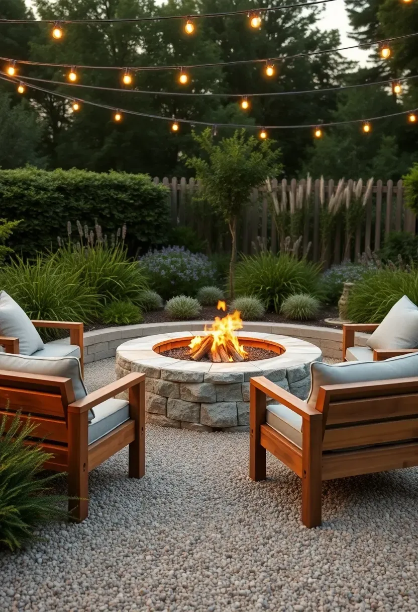 AI-generated photorealistic backyard scene showing a contemporary outdoor living space with fire pit, seating, and lush landscaping