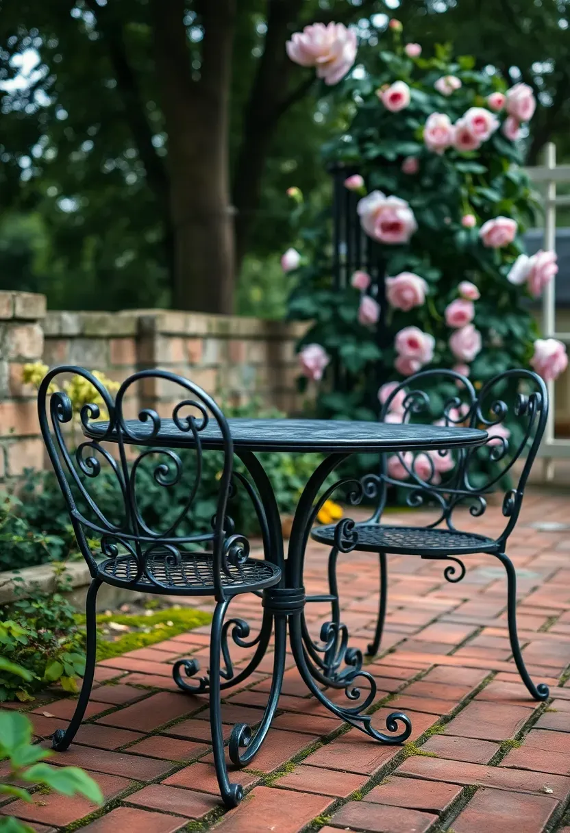 An ornate wrought iron garden table and two matching chairs with scrollwork on a shaded brick patio surrounded by climbing roses