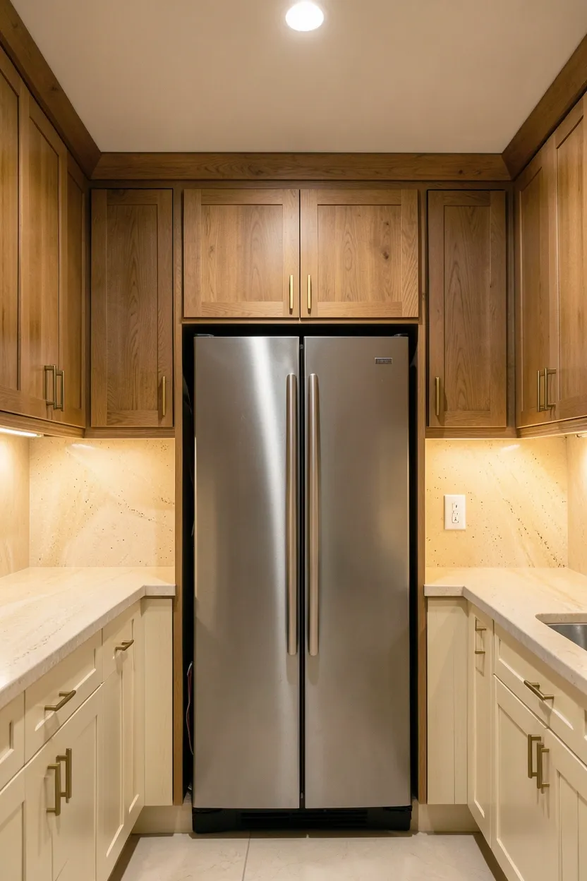 Hyper-realistic eye-level photograph of a kitchen with appliance garage featuring hidden storage. Built-in appliance garage in warm walnut houses refrigerator behind matching cabinet doors. Lower cabinets in warm cream extend to ceiling. Honed travertine countertop in warm cream continues across garage. Warm brass hardware throughout. Upper cabinets in warm walnut visible. Warm ambient lighting creates seamless flow between cabinetry and appliance garage. Hidden appliances maintain clean, organized appearance. No visible appliances or clutter. No text, no logos, no watermarks.</p>