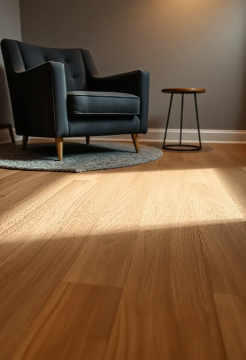 Luxury vinyl plank flooring installed in a finished basement with warm oak tones and a cozy seating area