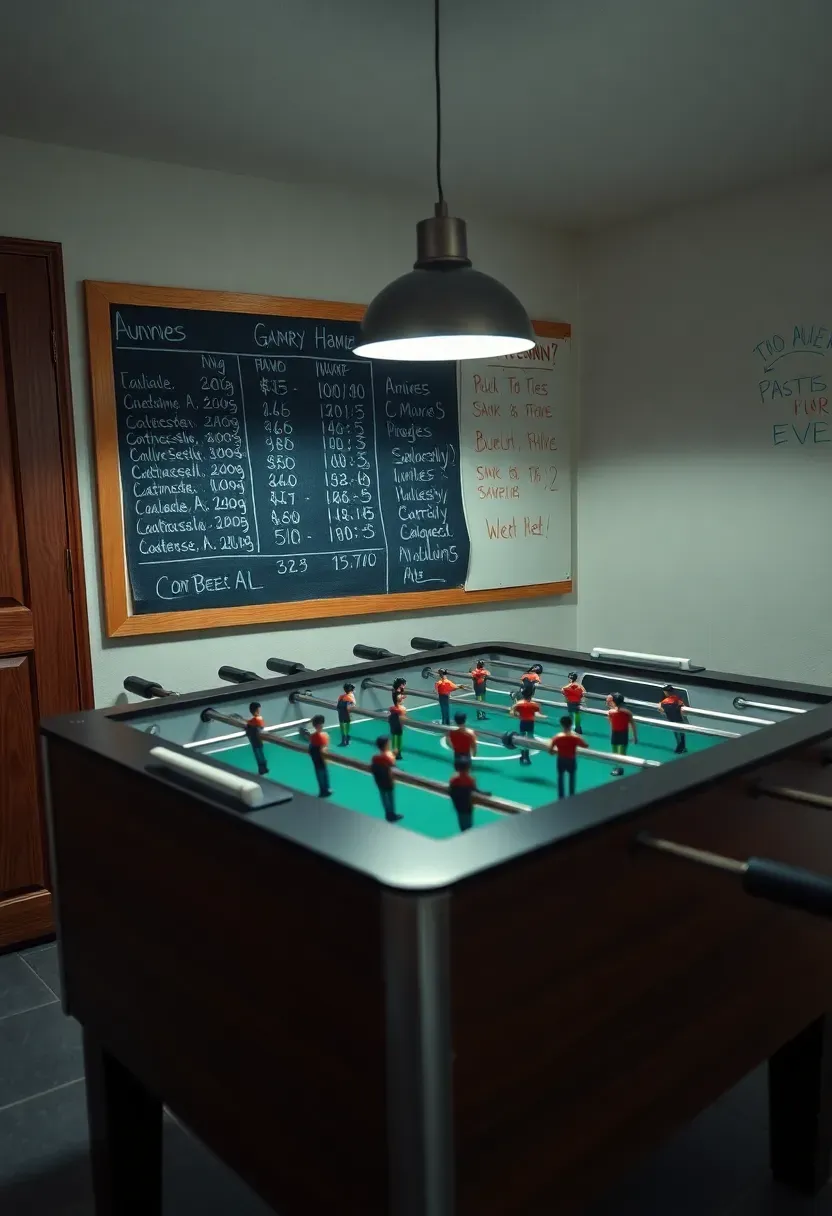 basement game corner with foosball table under bright pendant lighting and chalkboard score wall