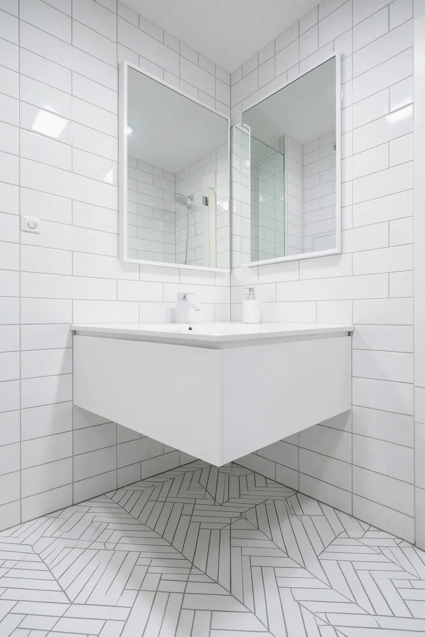 White bathroom with chevron geometric tile floor pattern, white floating vanity, and large rectangular mirror for modern appeal